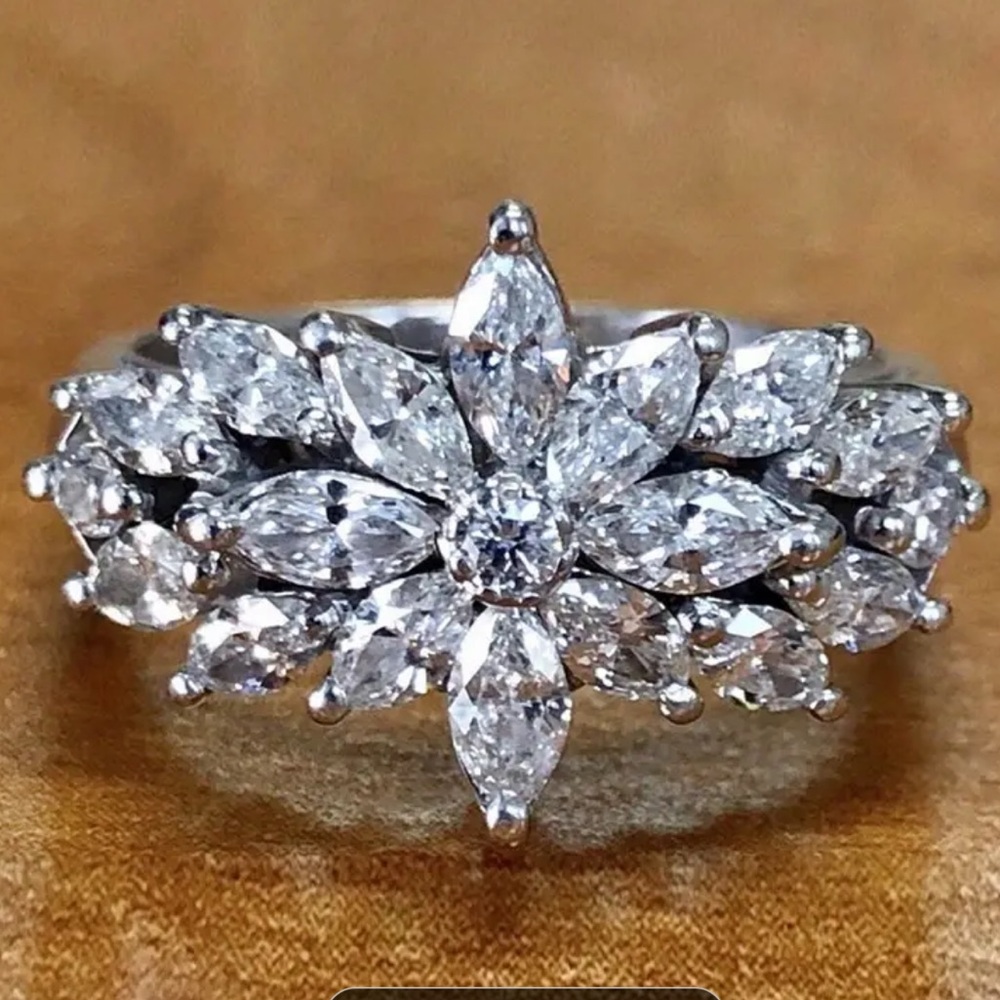 Simulated Diamonds Marquise Cut, Flower Wedding, Engagement Silver plated Ring